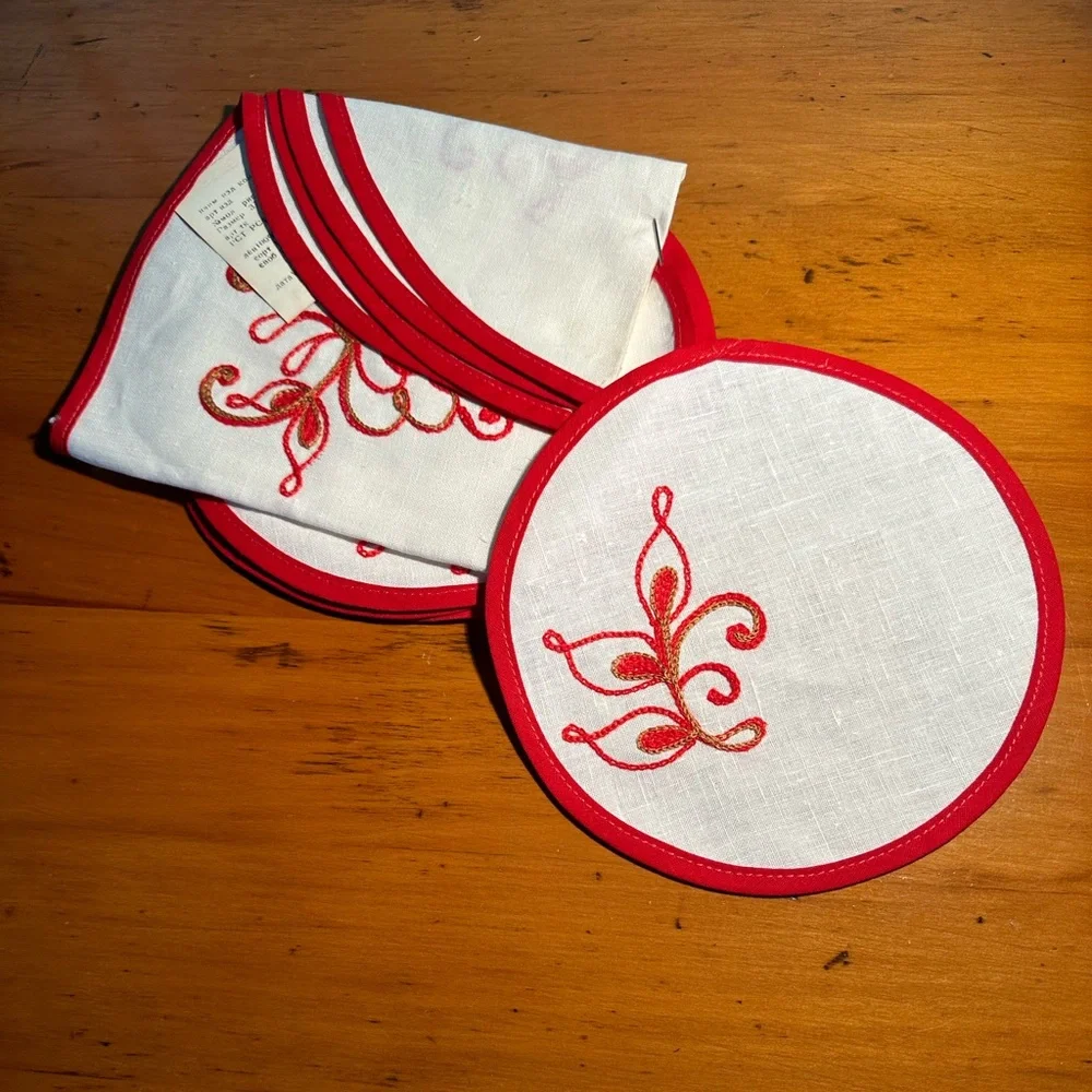 Y2K Traditional Russian Embroidered Linen Centerpiece With 6 Round Napkins ~NWT